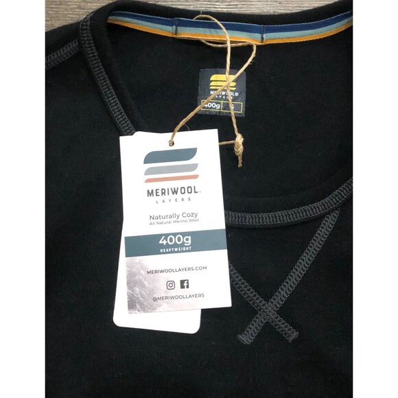 MERIWOOL Women Small Merino Wool Midweight 400g Crew Sweater New w Tags Black - Picture 2 of 4
